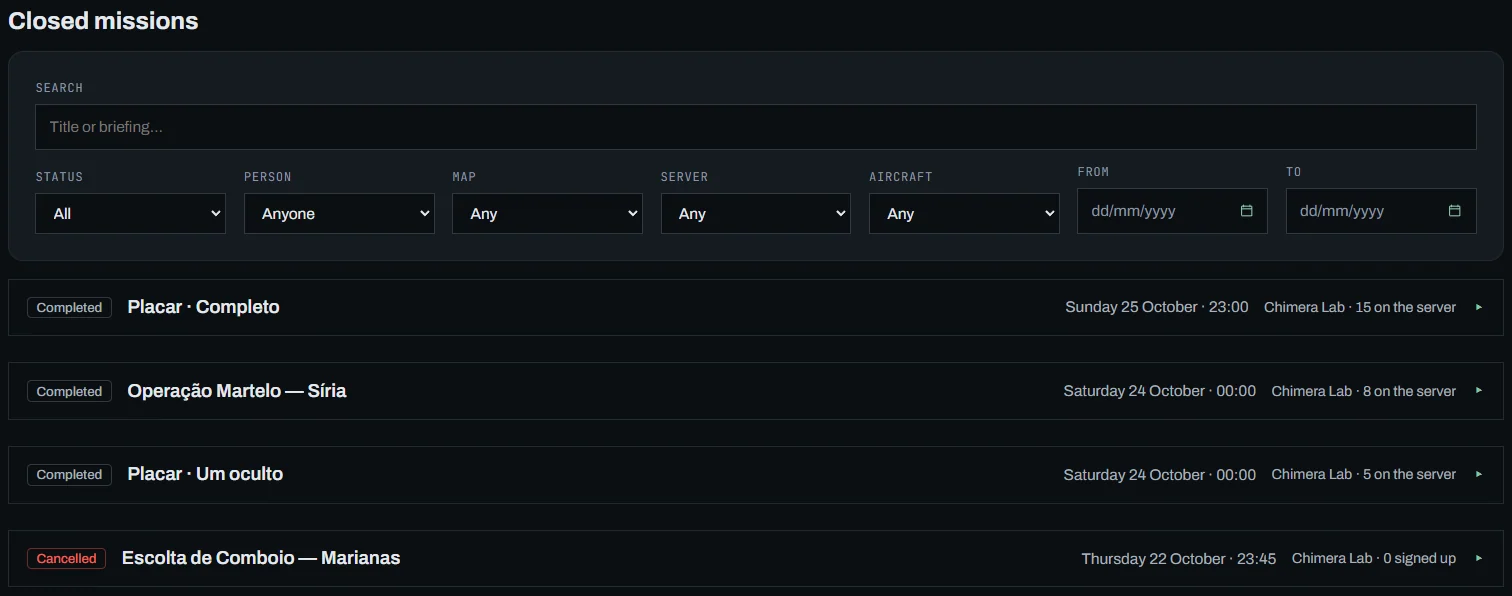 Closed tab: search by title or briefing, filters for status, person, map, server, aircraft and dates, and the list with three completed and one cancelled