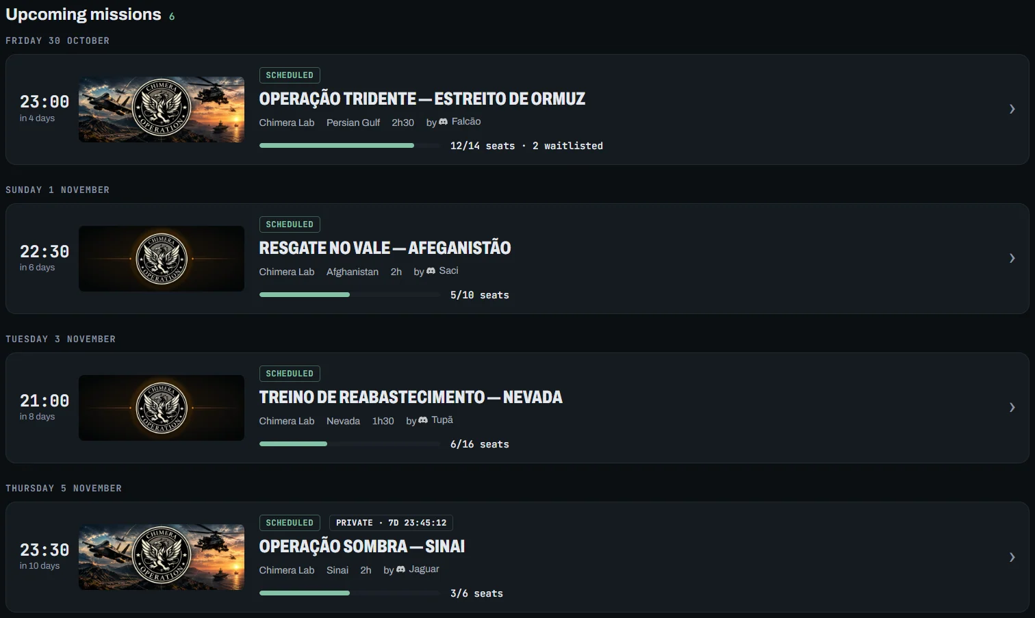 Upcoming missions, grouped by day: each row with the image, title, time, server, map, seats and › to open it; one of them with the Private badge