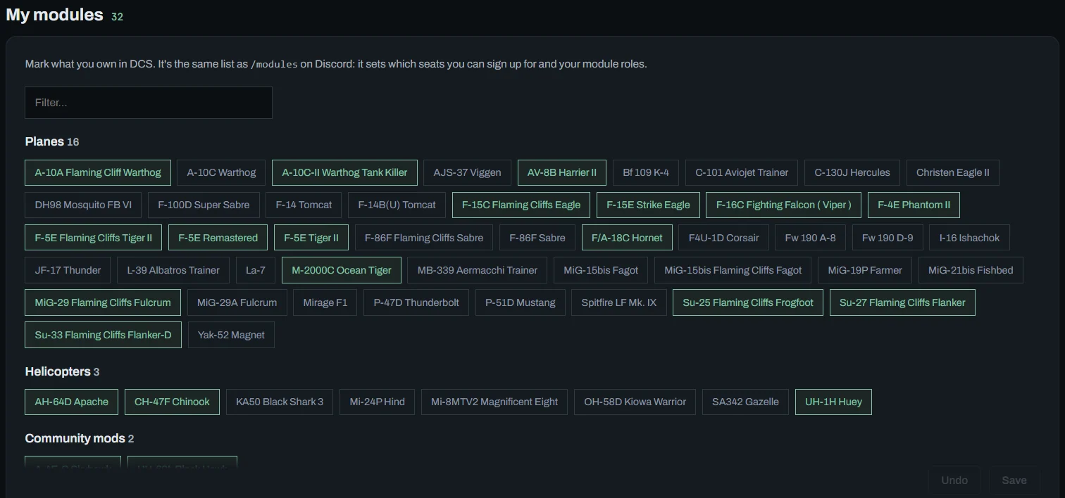 My modules tab: the filter and the aircraft as buttons, the marked ones lit in green, and Undo and Save at the bottom