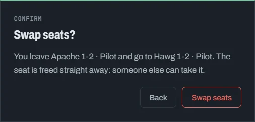 "Swap seats?" window: you leave Apache 1-2 · Pilot and go to Hawg 1-2 · Pilot, with Back and Swap seats
