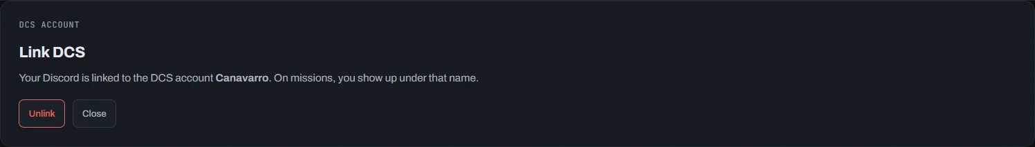 DCS account panel (in the menu, once linked) showing the linked account and the Unlink and Close buttons