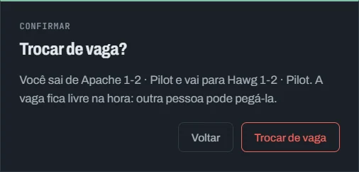 Janela "Trocar de vaga?": você sai de Apache 1-2 · Pilot e vai para Hawg 1-2 · Pilot, com Voltar e Trocar de vaga