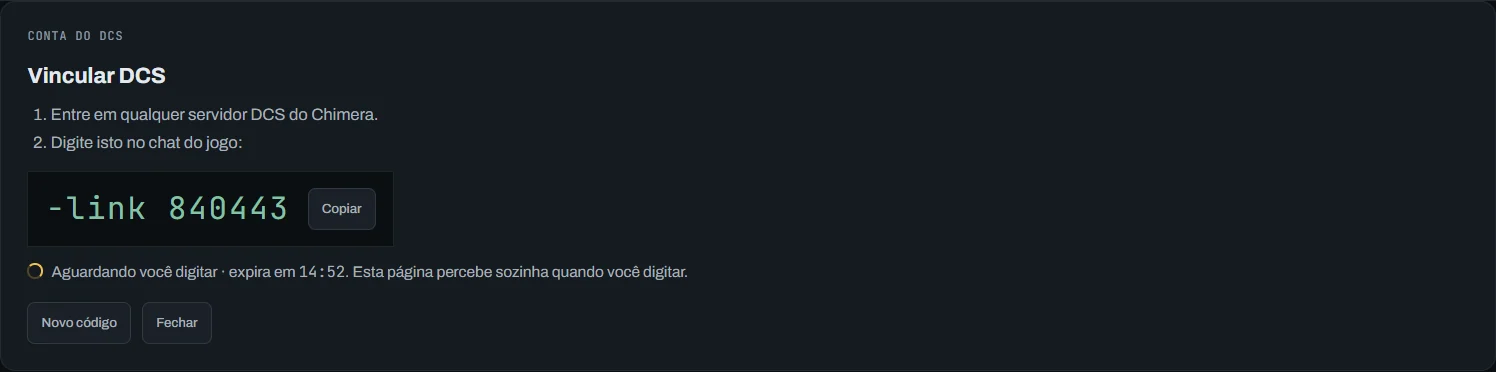 Painel Vincular DCS, aberto pelo menu: o código -link a digitar no chat do jogo, o botão Copiar e quanto falta para expirar