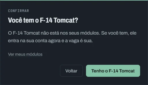 Janela "Você tem o F-14 Tomcat?" com o link Ver meus módulos e os botões Voltar e Tenho o F-14 Tomcat